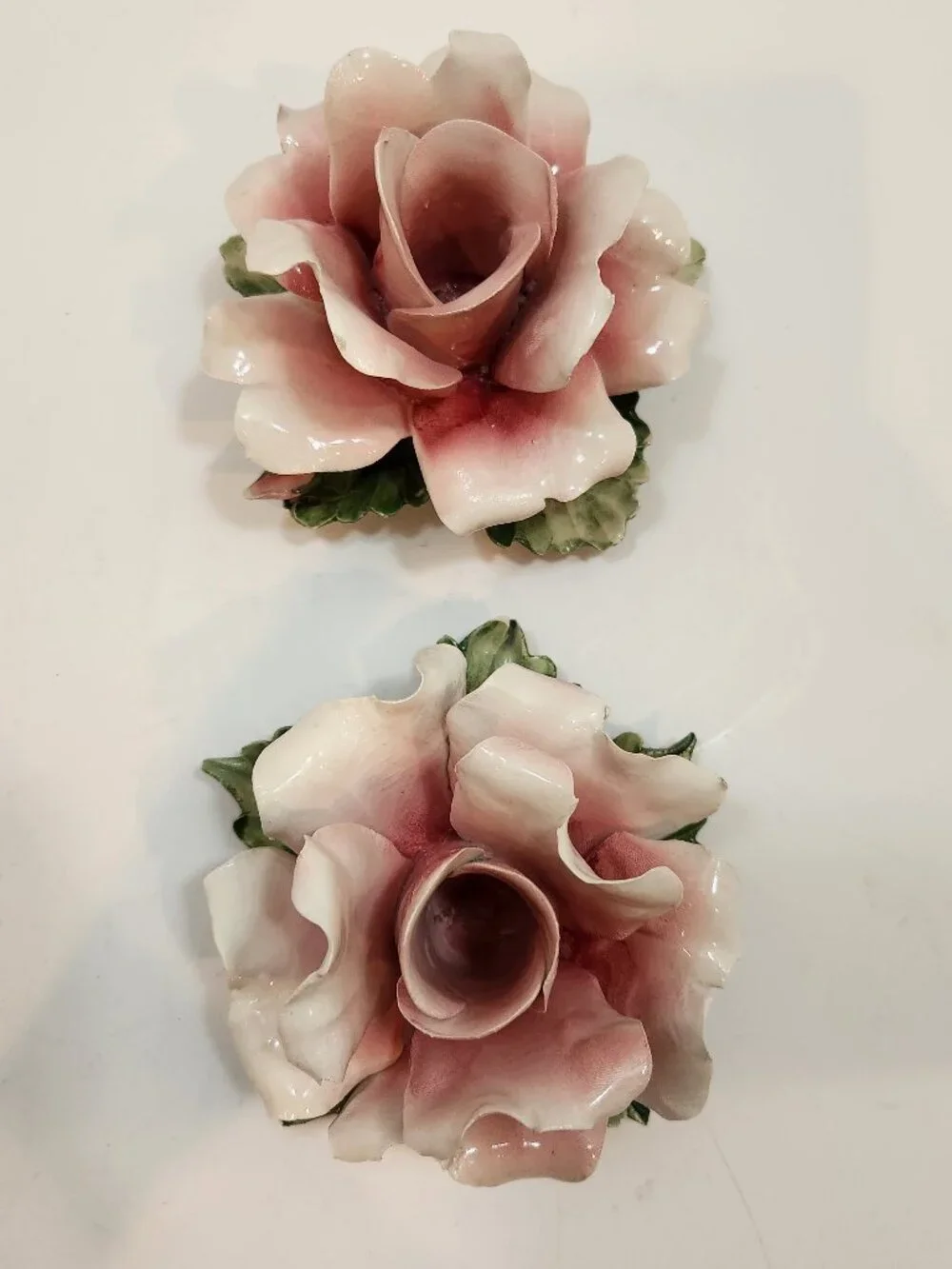 Vintage Pair of Capodimonte Porcelain Rose Candle Holders Italy